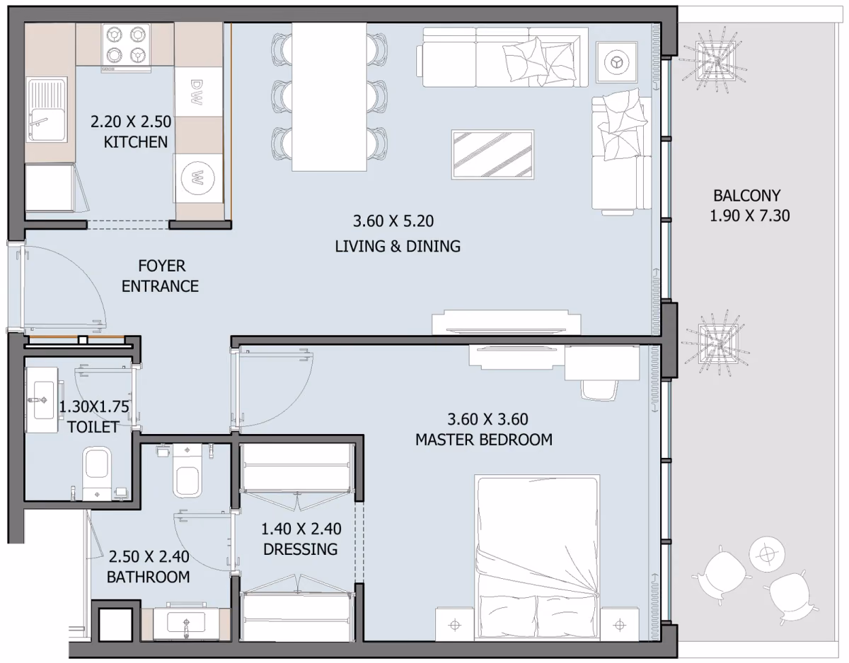 תוכנית חדר שינה אחד · Type D (Ground Floor) ב־נדל"ן להשקעה Oceana by Reportage באזור Dibba Al-Fujairah, פוג׳יירה