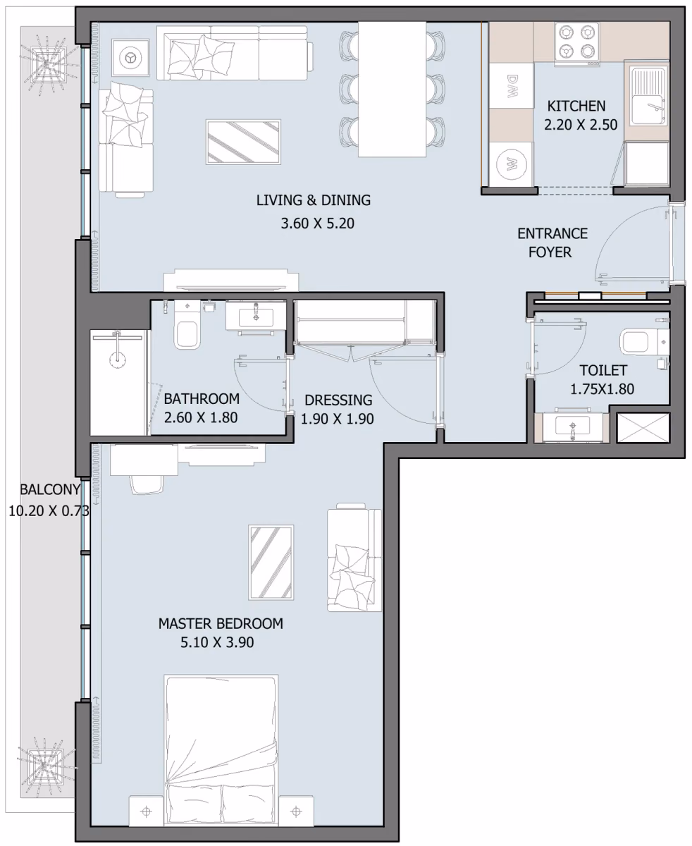 תוכנית חדר שינה אחד · Type E (Ground Floor) ב־נדל"ן להשקעה Oceana by Reportage באזור Dibba Al-Fujairah, פוג׳יירה