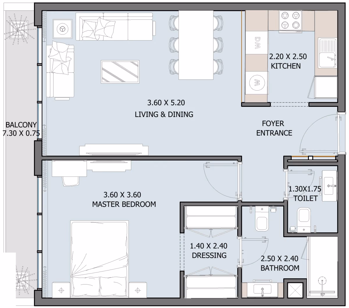 תוכנית חדר שינה אחד · Type F (Ground Floor) ב־נדל"ן להשקעה Oceana by Reportage באזור Dibba Al-Fujairah, פוג׳יירה
