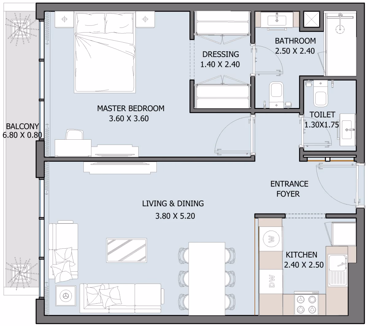 תוכנית חדר שינה אחד · Type G (Ground Floor) ב־נדל"ן להשקעה Oceana by Reportage באזור Dibba Al-Fujairah, פוג׳יירה