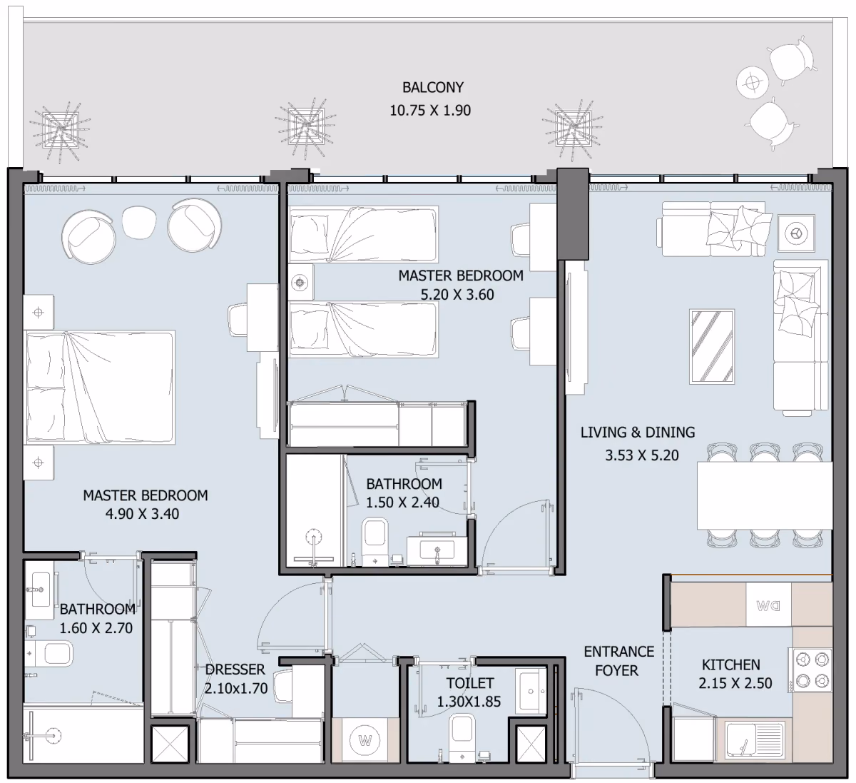 תוכנית 2 חדרי שינה · Type D (Ground Floor) ב־נדל"ן להשקעה Oceana by Reportage באזור Dibba Al-Fujairah, פוג׳יירה