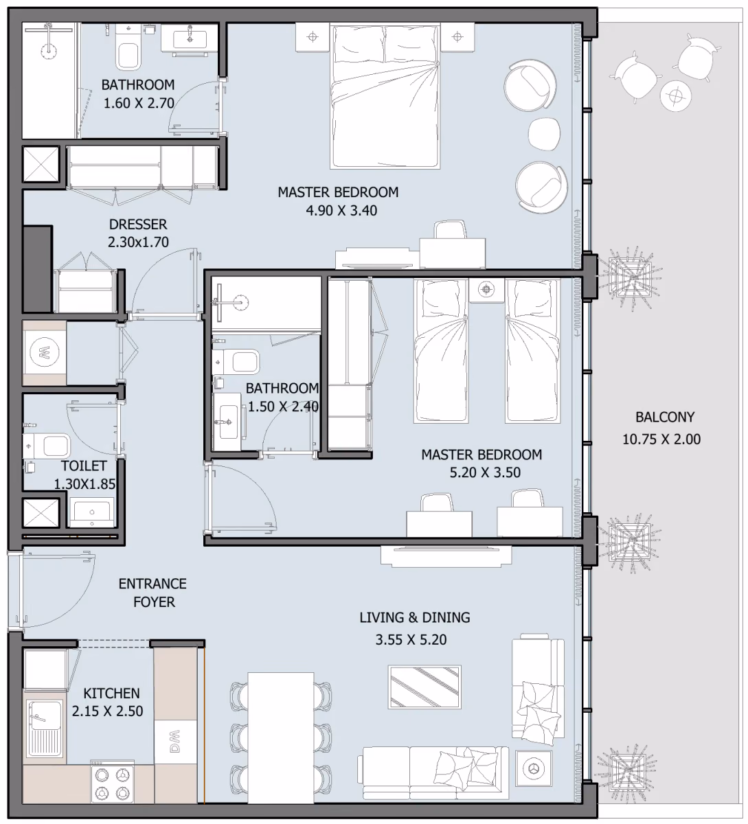 תוכנית 2 חדרי שינה · Type E (Ground Floor) ב־נדל"ן להשקעה Oceana by Reportage באזור Dibba Al-Fujairah, פוג׳יירה
