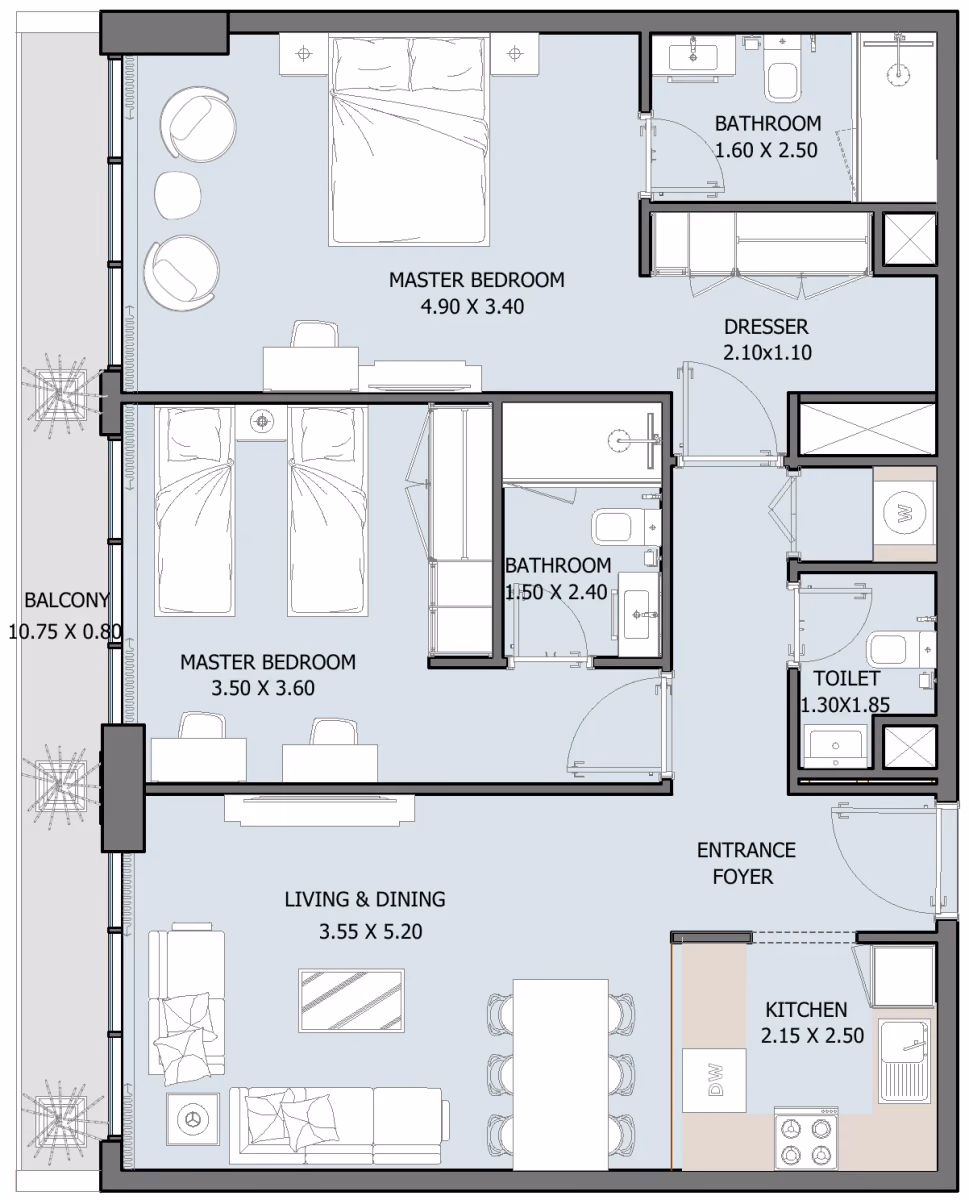 תוכנית 2 חדרי שינה · Type G (Ground Floor) ב־נדל"ן להשקעה Oceana by Reportage באזור Dibba Al-Fujairah, פוג׳יירה