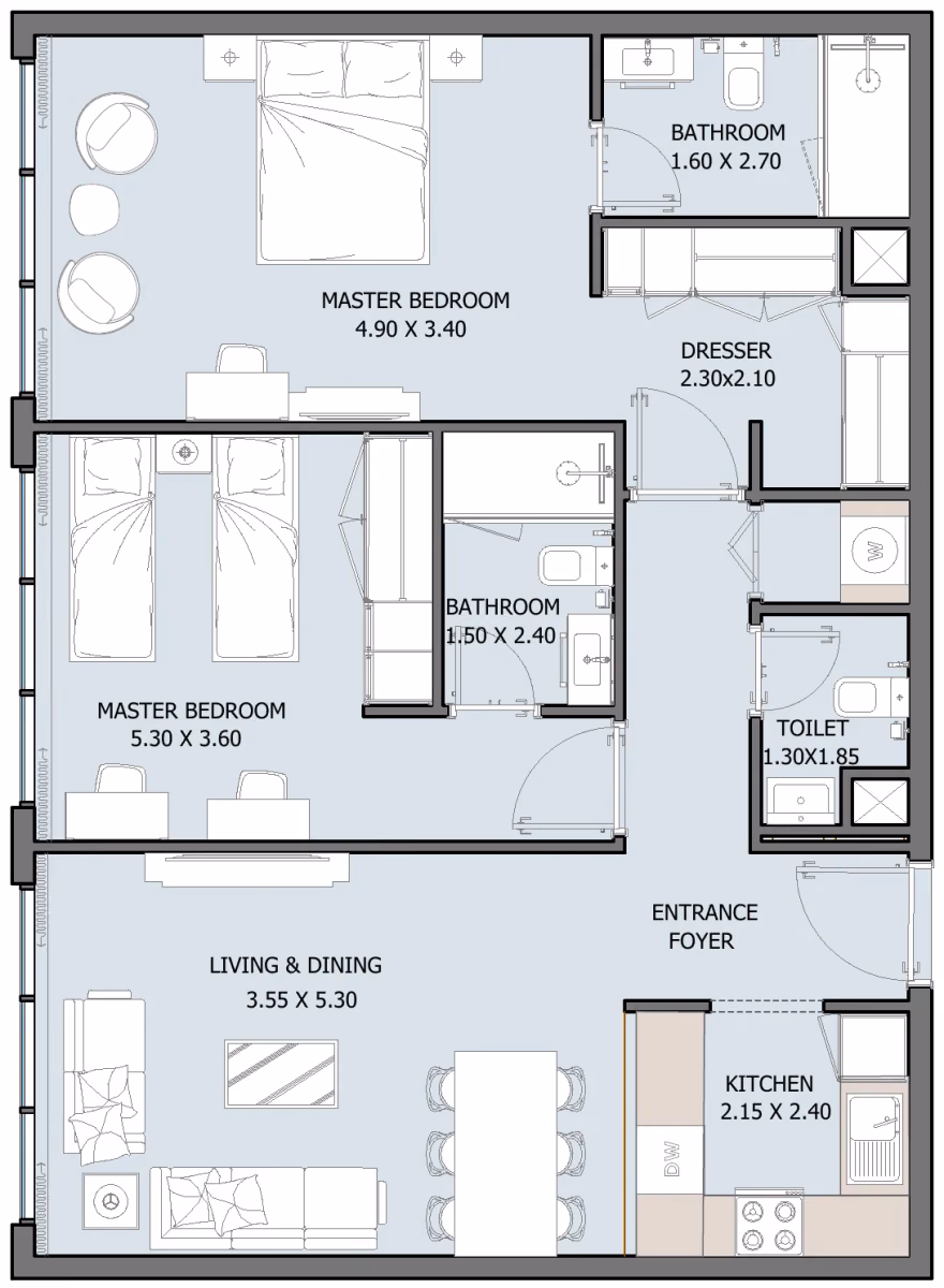 תוכנית 2 חדרי שינה · Type H (Ground Floor) ב־נדל"ן להשקעה Oceana by Reportage באזור Dibba Al-Fujairah, פוג׳יירה