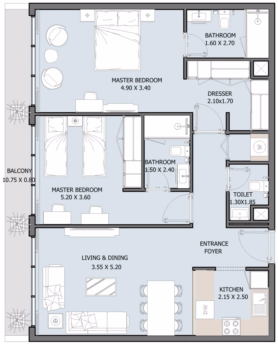 תוכנית 2 חדרי שינה · Type I (Ground Floor) ב־נדל"ן להשקעה Oceana by Reportage באזור Dibba Al-Fujairah, פוג׳יירה
