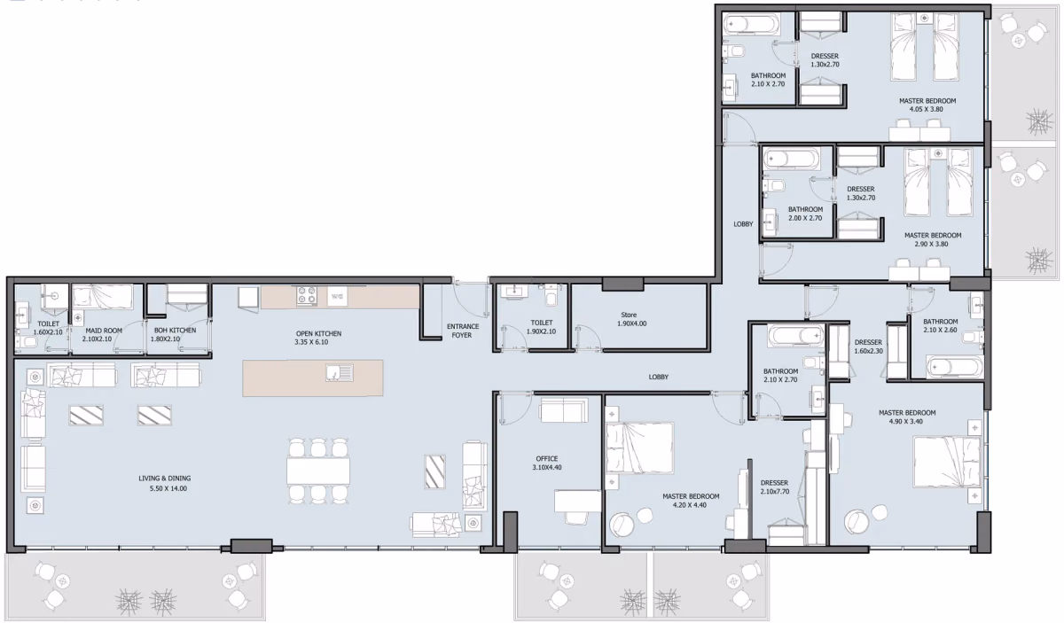 תוכנית 4 חדרי שינה · פנטהאוז · Penthouse Type E ב־נדל"ן להשקעה Oceana by Reportage באזור Dibba Al-Fujairah, פוג׳יירה