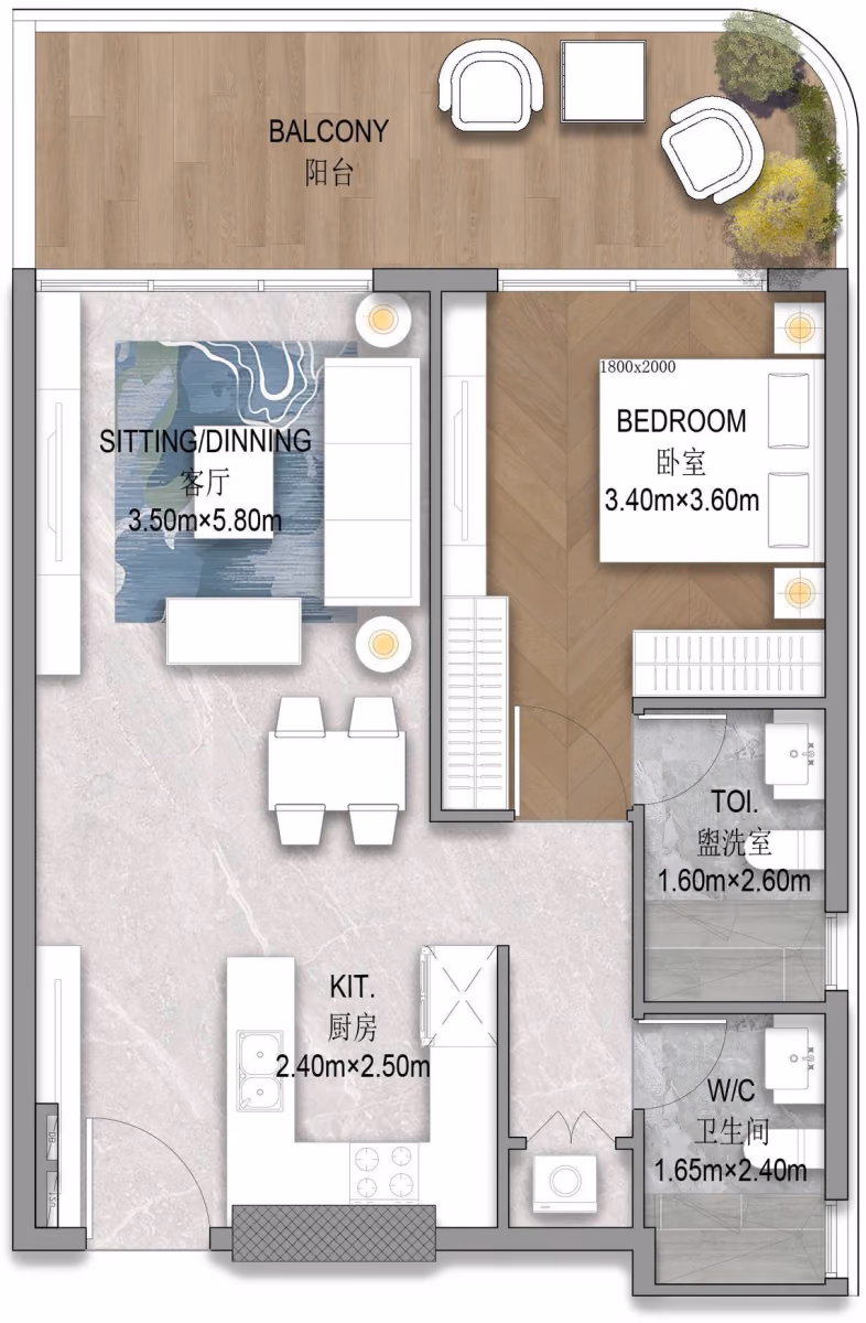 תוכנית חדר שינה אחד · 1 BR A ב־נדל"ן להשקעה HZ Forest City 2, באזור Dubailand, דובאי