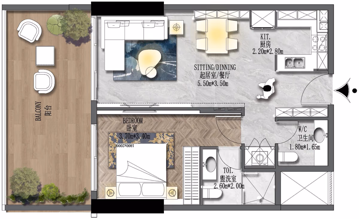 תוכנית חדר שינה אחד · 1 BR C ב־נדל"ן להשקעה HZ Forest City 2, באזור Dubailand, דובאי