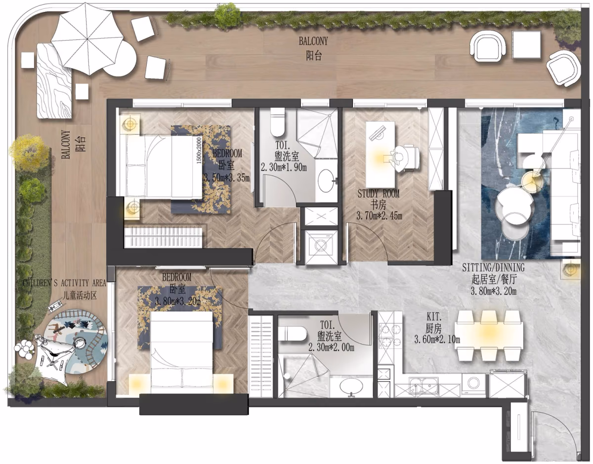 תוכנית 2 חדרי שינה · 2 BR A ב־נדל"ן להשקעה HZ Forest City 2, באזור Dubailand, דובאי
