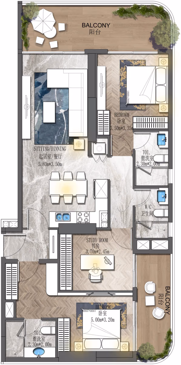 תוכנית 2 חדרי שינה · 2 BR B ב־נדל"ן להשקעה HZ Forest City 2, באזור Dubailand, דובאי