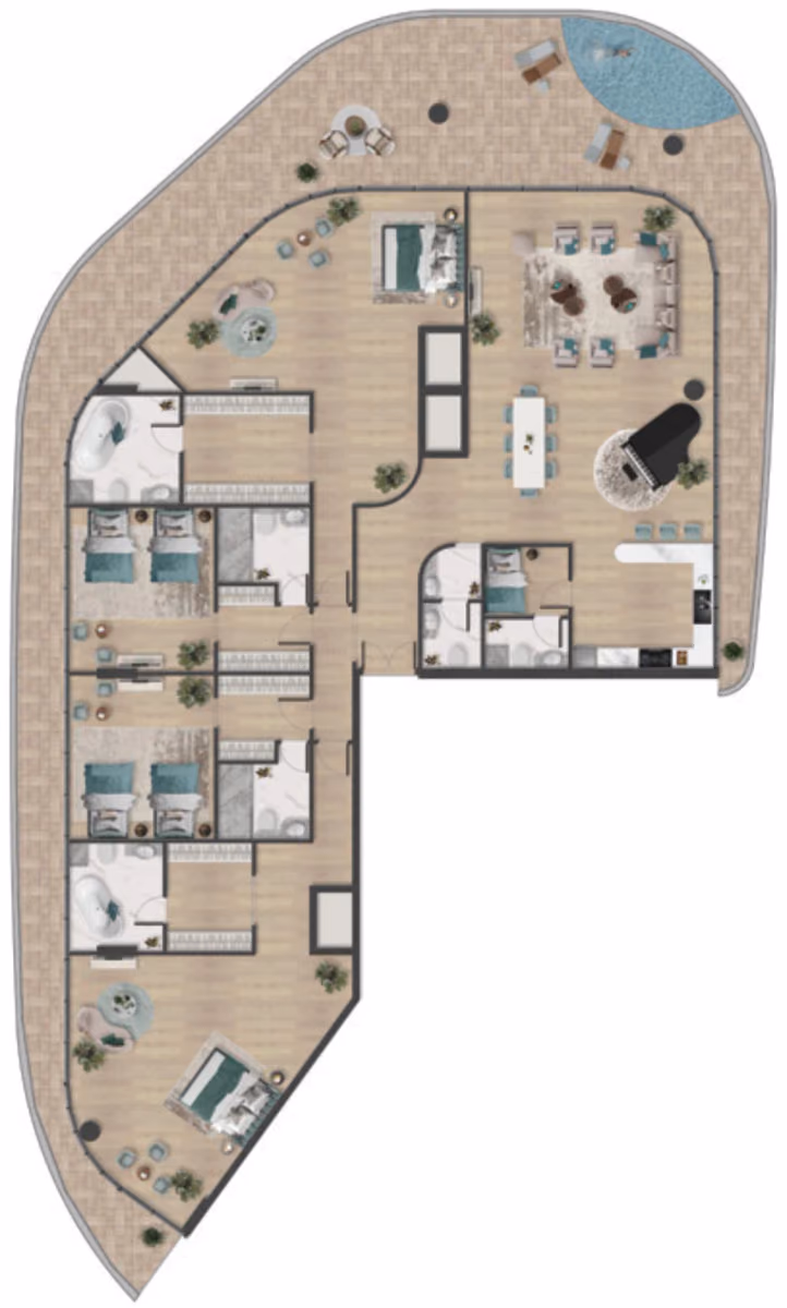 תוכנית 4 חדרי שינה · פנטהאוז · Penthouse 1 ב־נדל"ן להשקעה BnW Pelagia, באזור Al Marjan Island, ראס אל ח'ימה