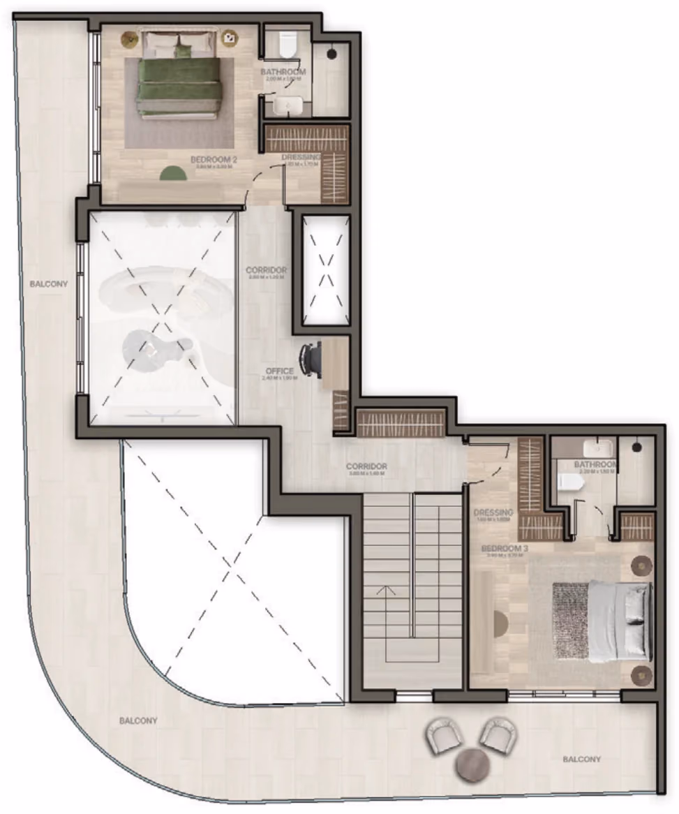 תוכנית 3 חדרי שינה · דופלקס · Type A ב־נדל"ן להשקעה Stax Tower by Pasha One, באזור JVC, דובאי (קומה עליונה)