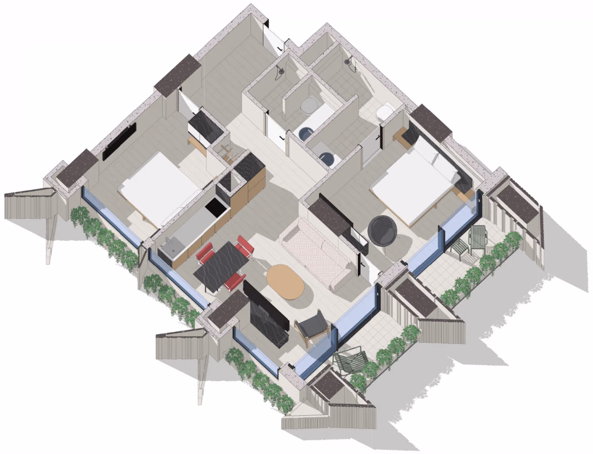 תוכנית 2 חדרי שינה · Type Corner ב־Silk Towers by Kengo Kuma, קו ראשון לים בבטומי