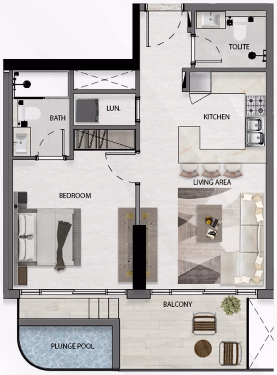 תוכנית חדר שינה אחד · B 01 ב־נדל"ן להשקעה Deca Avana Residences, באזור JVC, דובאי
