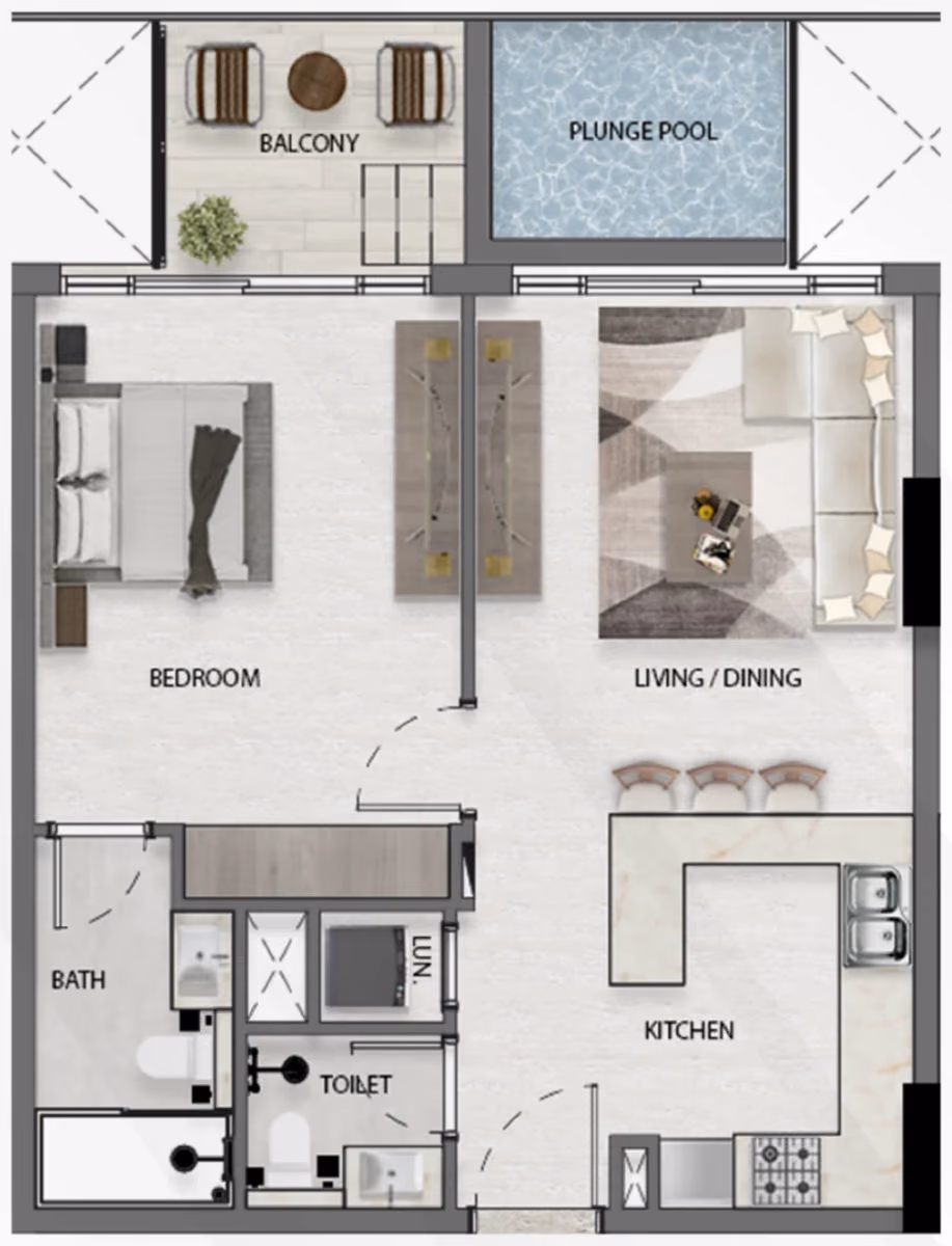 תוכנית חדר שינה אחד · B 01 ב־נדל"ן להשקעה Deca Avana Residences, באזור JVC, דובאי