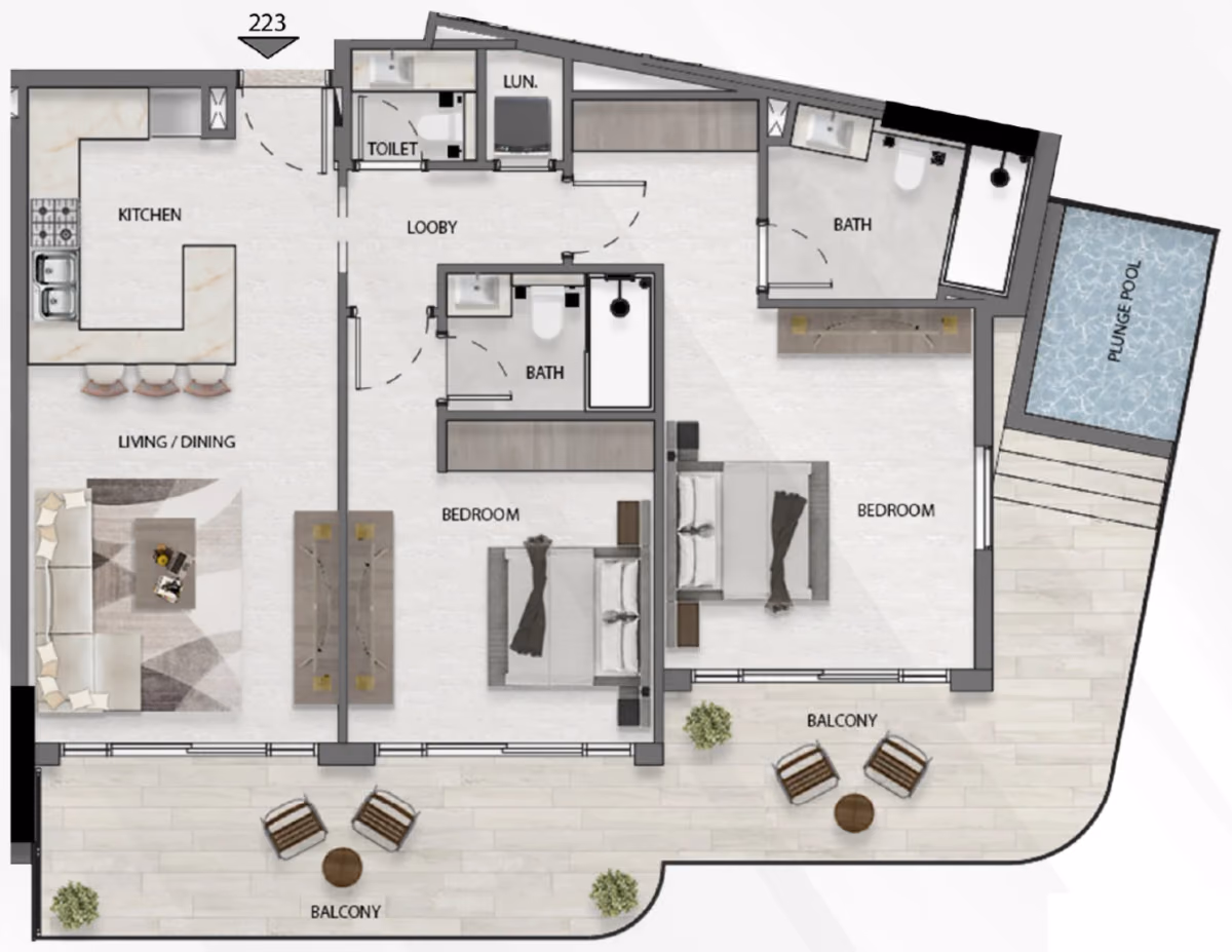 תוכנית 2 חדרי שינה · A 01 ב־נדל"ן להשקעה Deca Avana Residences, באזור JVC, דובאי