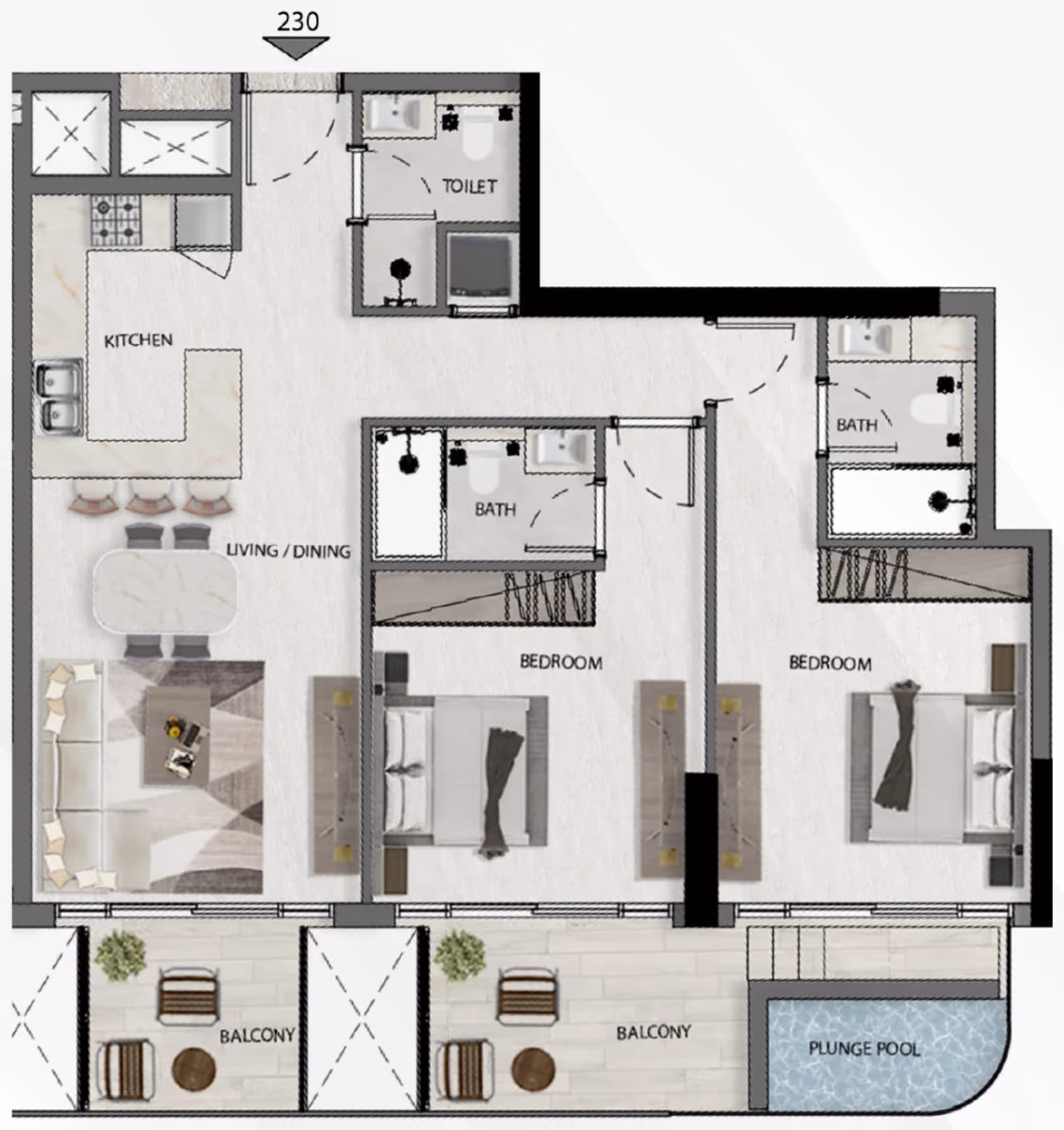 תוכנית 2 חדרי שינה · A 02 ב־נדל"ן להשקעה Deca Avana Residences, באזור JVC, דובאי