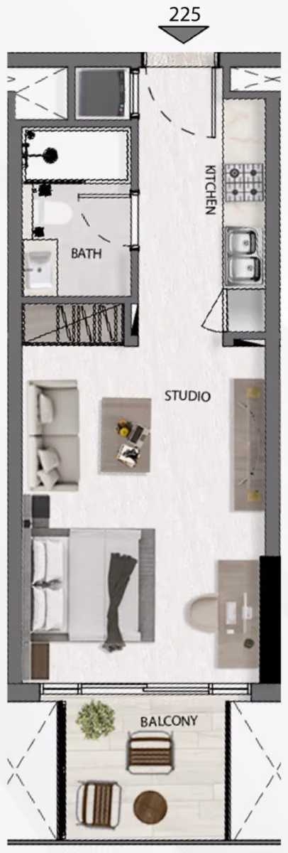 תוכנית סטודיו · S 01 ב־נדל"ן להשקעה Deca Avana Residences, באזור JVC, דובאי