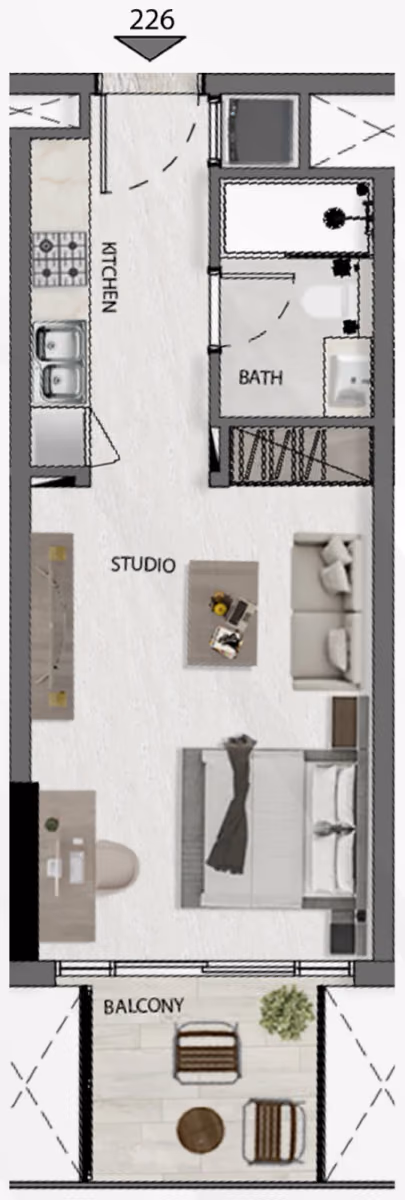 תוכנית סטודיו · S 02 ב־נדל"ן להשקעה Deca Avana Residences, באזור JVC, דובאי