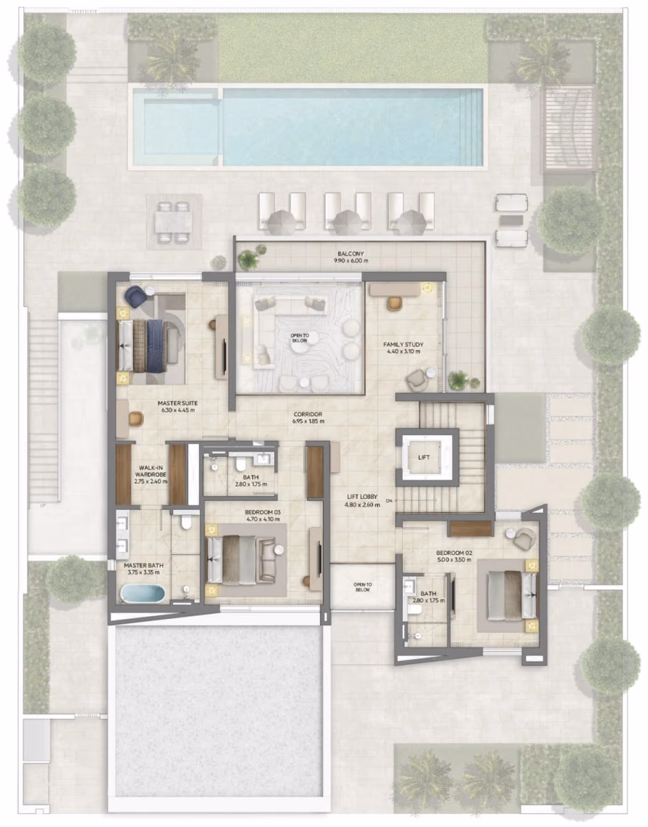 תוכנית 4 חדרי שינה · וילה · Chamfer with basement ב־נדל"ן להשקעה Emaar Mareva The Oasis, באזור The Oasis, דובאי (קומה ראשונה)