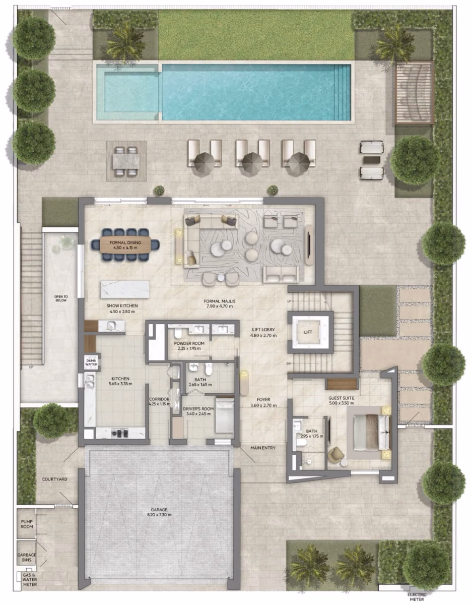 תוכנית 4 חדרי שינה · וילה · Chamfer with basement ב־נדל"ן להשקעה Emaar Mareva The Oasis, באזור The Oasis, דובאי (קומת קרקע)