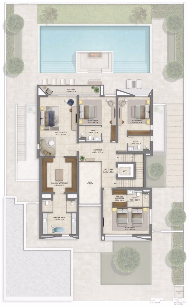 תוכנית 5 חדרי שינה · וילה · Chamfer with basement ב־נדל"ן להשקעה Emaar Mareva The Oasis, באזור The Oasis, דובאי (קומה ראשונה)