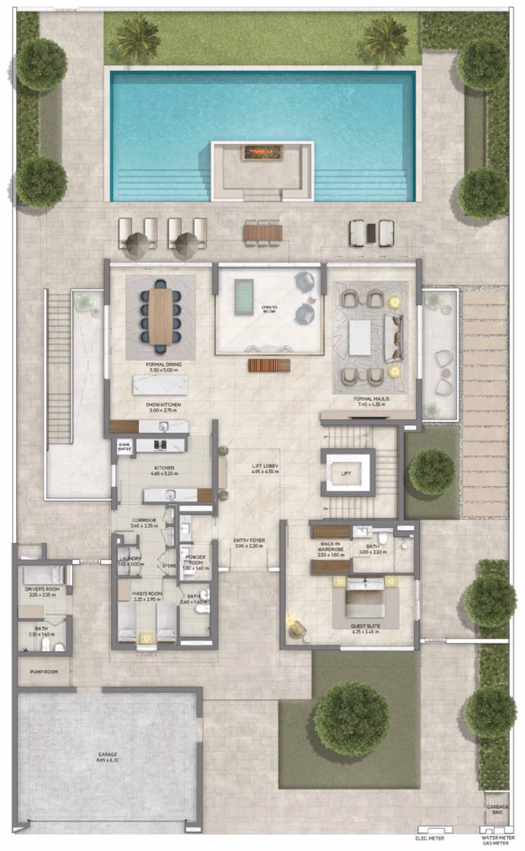תוכנית 5 חדרי שינה · וילה · Chamfer with basement ב־נדל"ן להשקעה Emaar Mareva The Oasis, באזור The Oasis, דובאי (קומת קרקע)