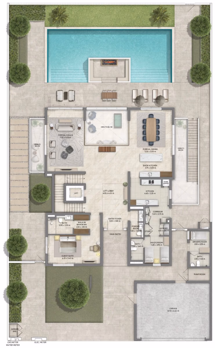 תוכנית 5 חדרי שינה · וילה · Contemporary with basement ב־נדל"ן להשקעה Emaar Mareva The Oasis, באזור The Oasis, דובאי (קומת קרקע)