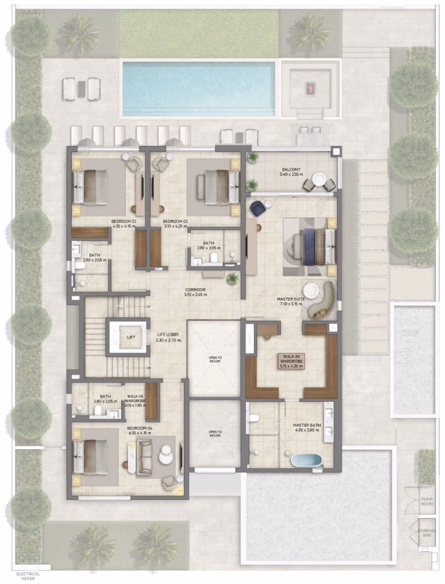 תוכנית 5 חדרי שינה · וילה · Contemporary ב־נדל"ן להשקעה Emaar Mareva The Oasis, באזור The Oasis, דובאי (קומה ראשונה)