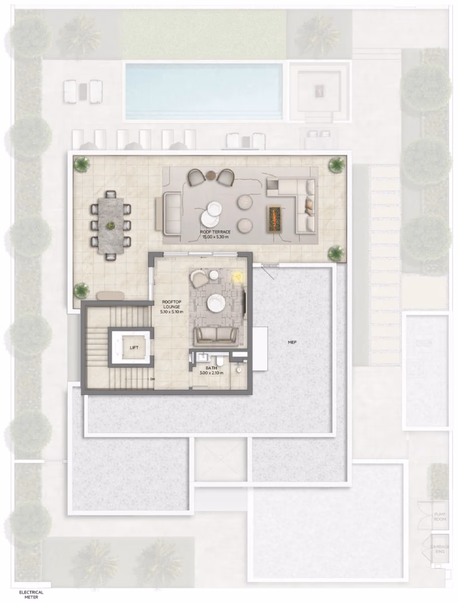 תוכנית 5 חדרי שינה · וילה · Contemporary ב־נדל"ן להשקעה Emaar Mareva The Oasis, באזור The Oasis, דובאי (גג)