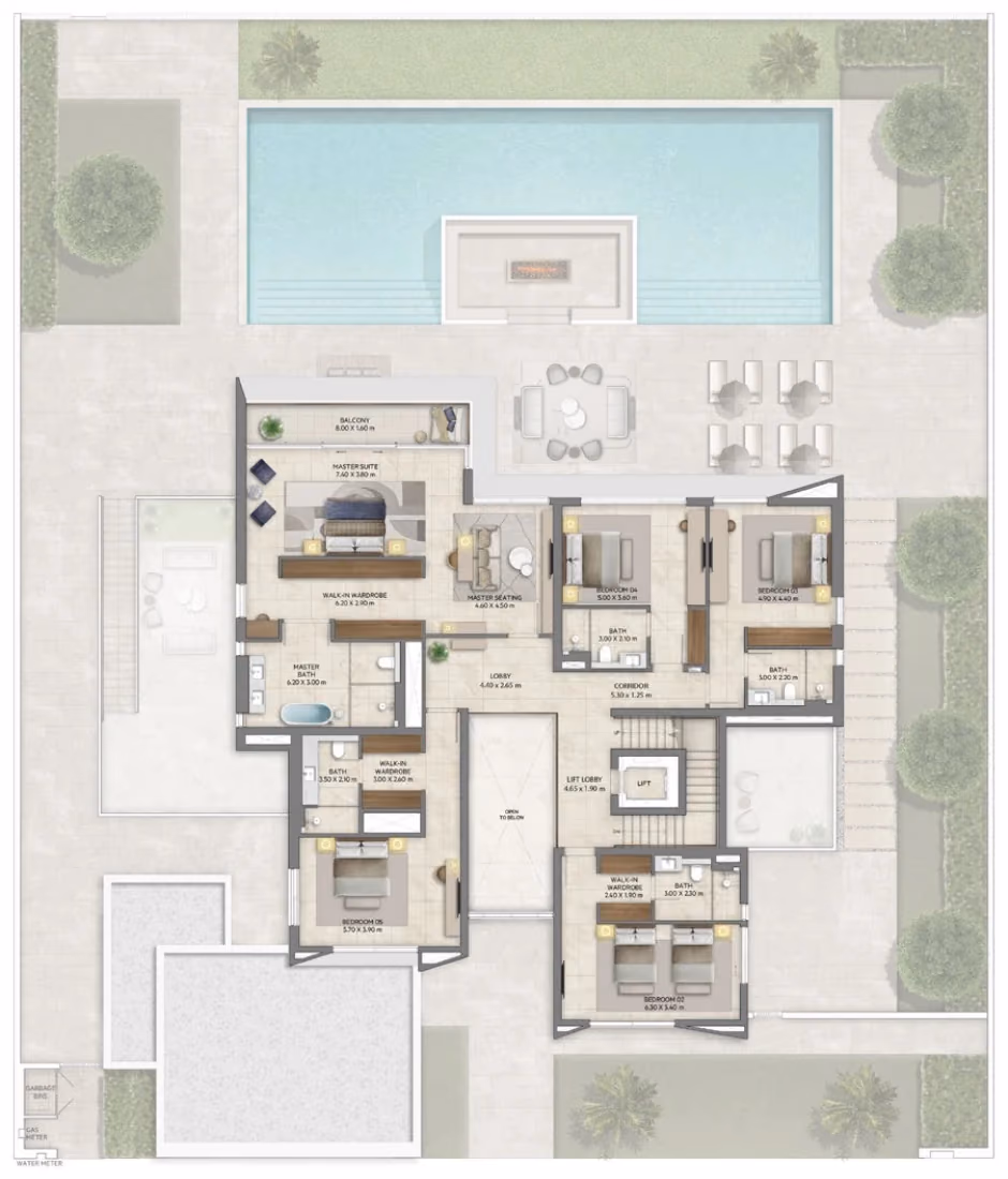 תוכנית 6 חדרי שינה · וילה · Chamfer with basement ב־נדל"ן להשקעה Emaar Mareva The Oasis, באזור The Oasis, דובאי (קומה ראשונה)
