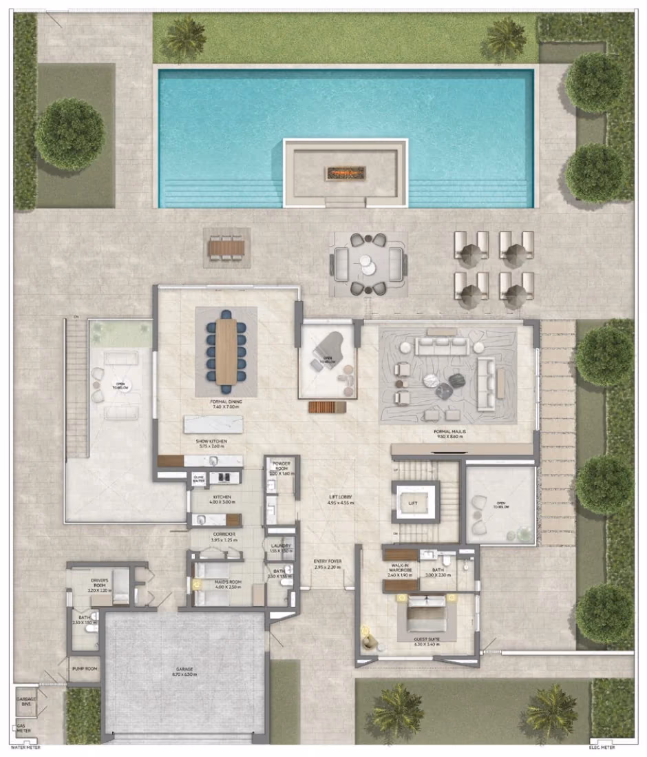 תוכנית 6 חדרי שינה · וילה · Chamfer with basement ב־נדל"ן להשקעה Emaar Mareva The Oasis, באזור The Oasis, דובאי (קומת קרקע)