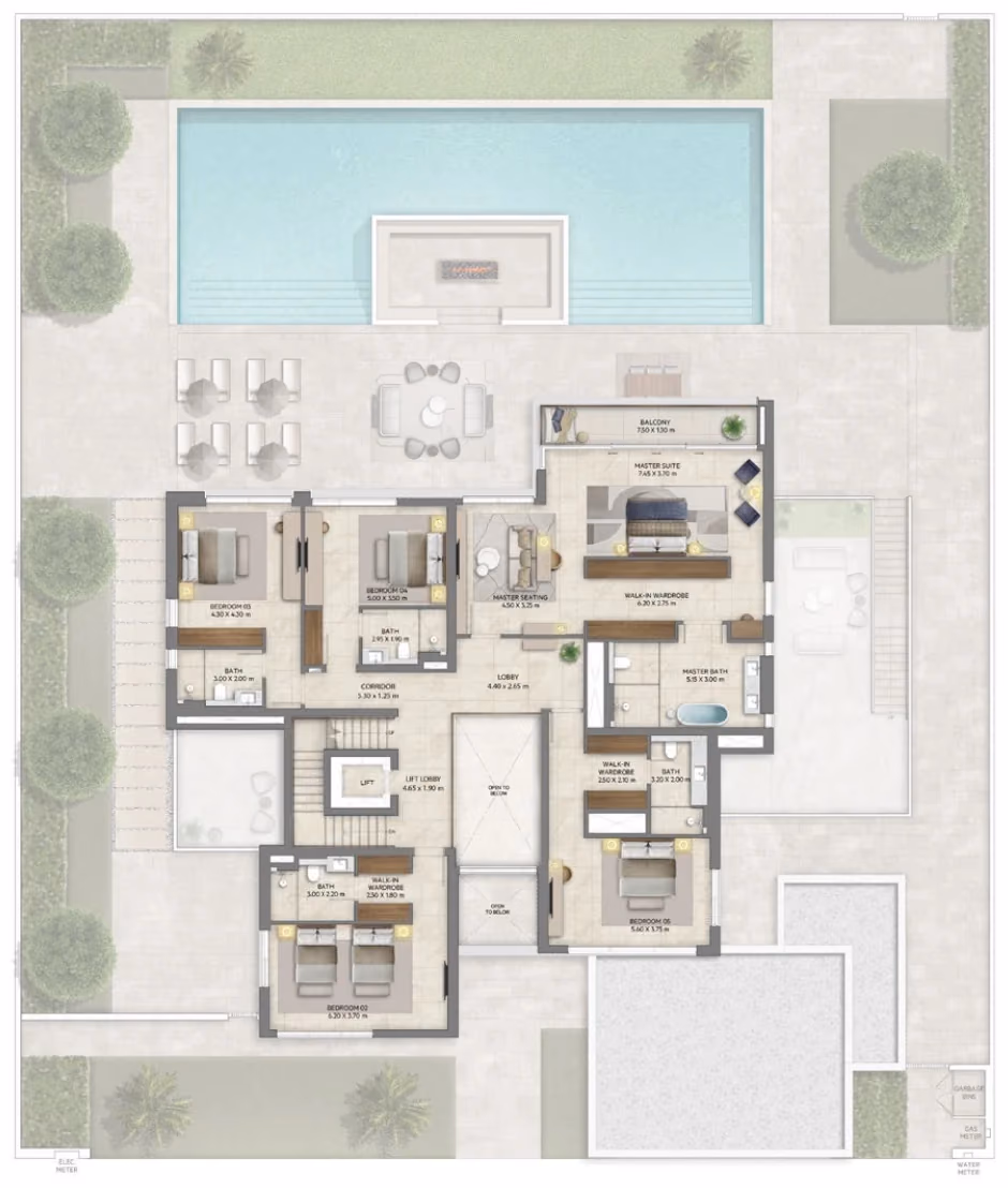 תוכנית 6 חדרי שינה · וילה · Contemporary with basement ב־נדל"ן להשקעה Emaar Mareva The Oasis, באזור The Oasis, דובאי (קומה ראשונה)