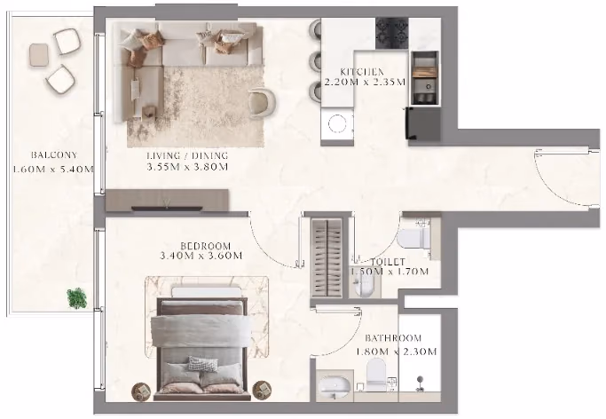 תוכנית חדר שינה אחד · Unit 301 ב־נדל"ן להשקעה AUM 99 Residences by AG Properties, באזור Dubailand, דובאי