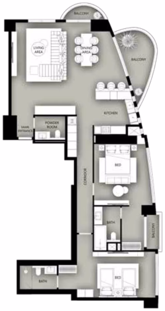 תוכנית 2 חדרי שינה · Type A ב־נדל"ן להשקעה Condor Marina Star, באזור Dubai Marina, דובאי