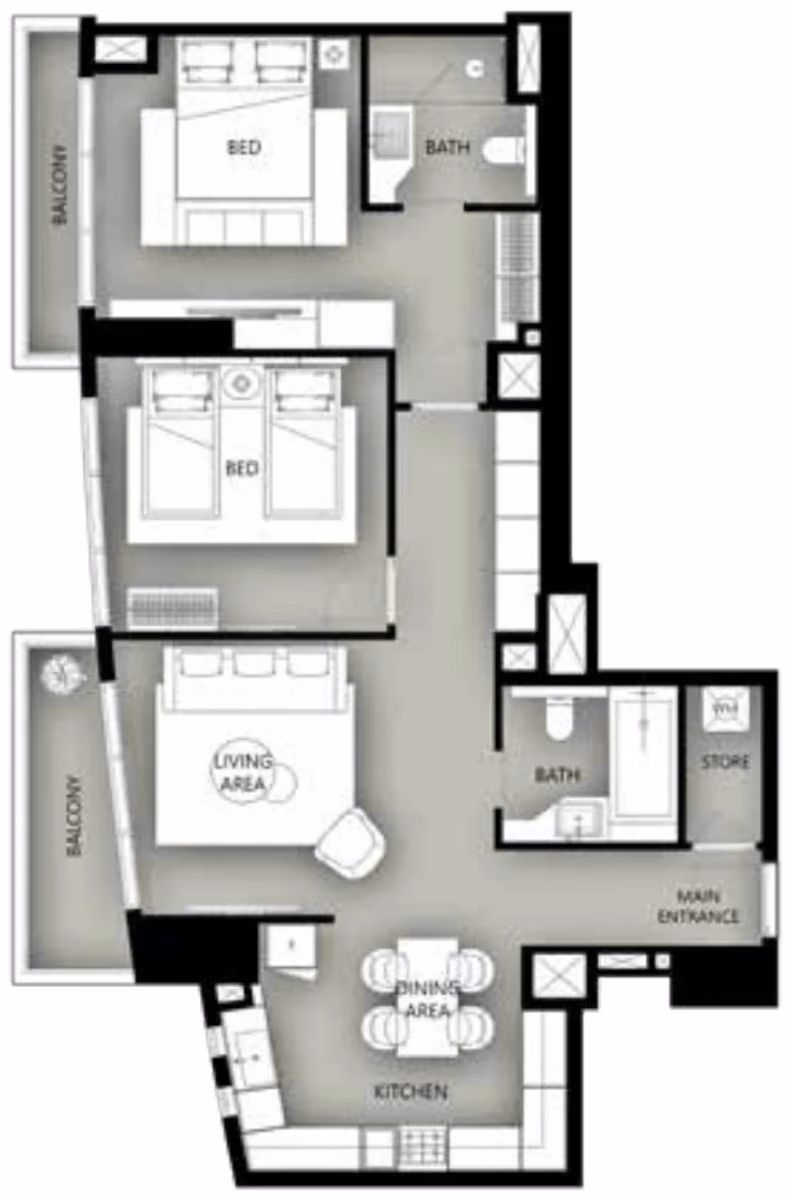 תוכנית 2 חדרי שינה · Type D ב־נדל"ן להשקעה Condor Marina Star, באזור Dubai Marina, דובאי