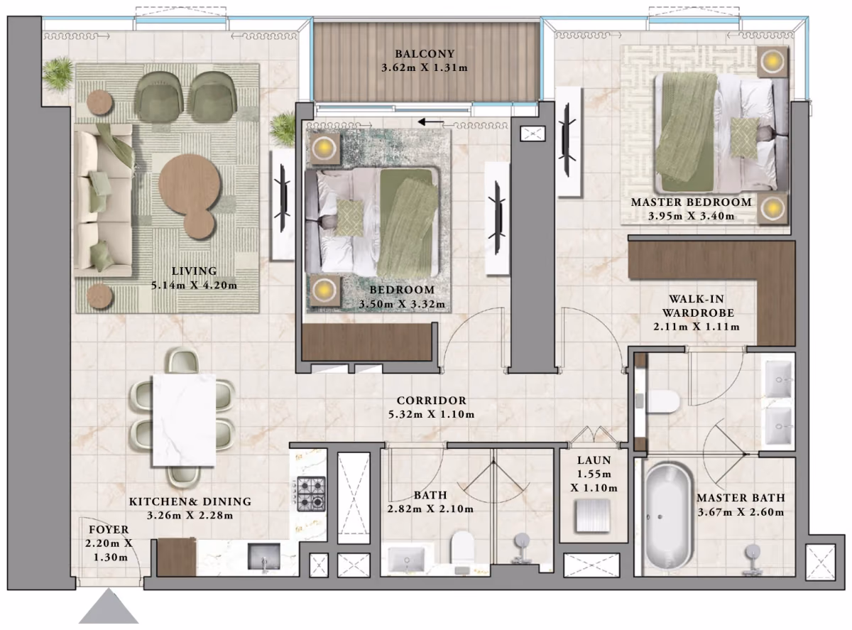 תוכנית 2 חדרי שינה · B ב־נדל"ן להשקעה Emaar Avarra by Palace, באזור Business Bay, דובאי