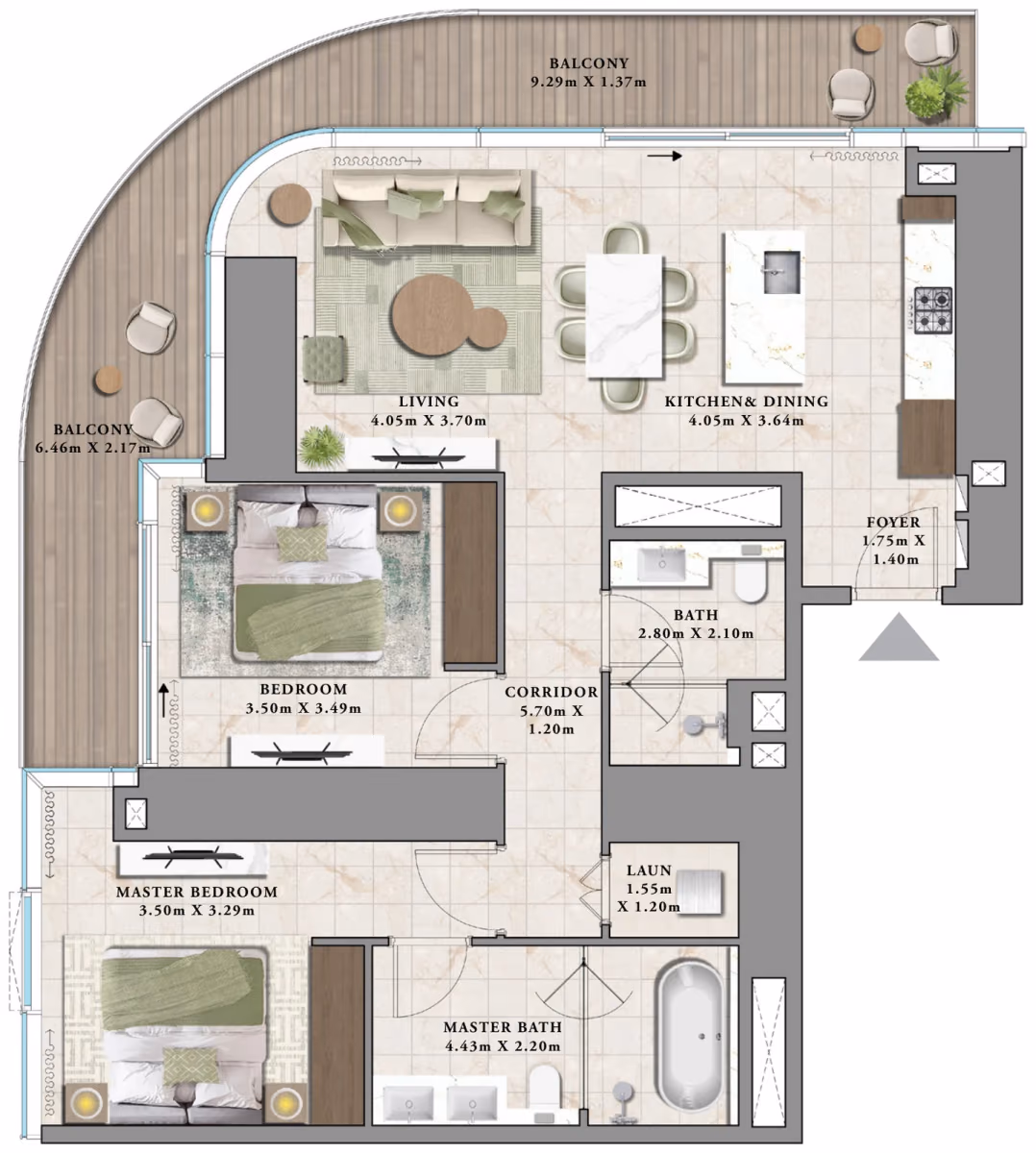 תוכנית 2 חדרי שינה · E ב־נדל"ן להשקעה Emaar Avarra by Palace, באזור Business Bay, דובאי