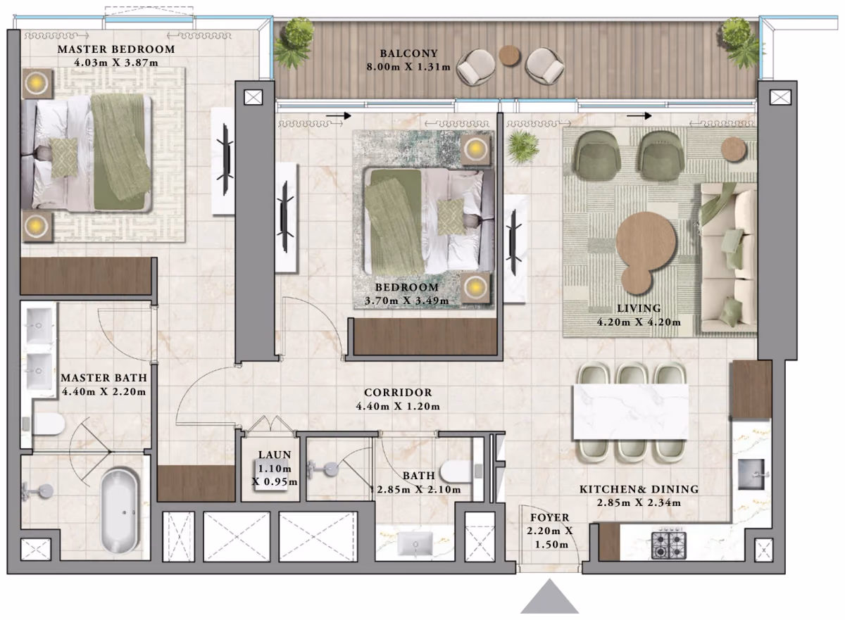 תוכנית 2 חדרי שינה · F2 ב־נדל"ן להשקעה Emaar Avarra by Palace, באזור Business Bay, דובאי