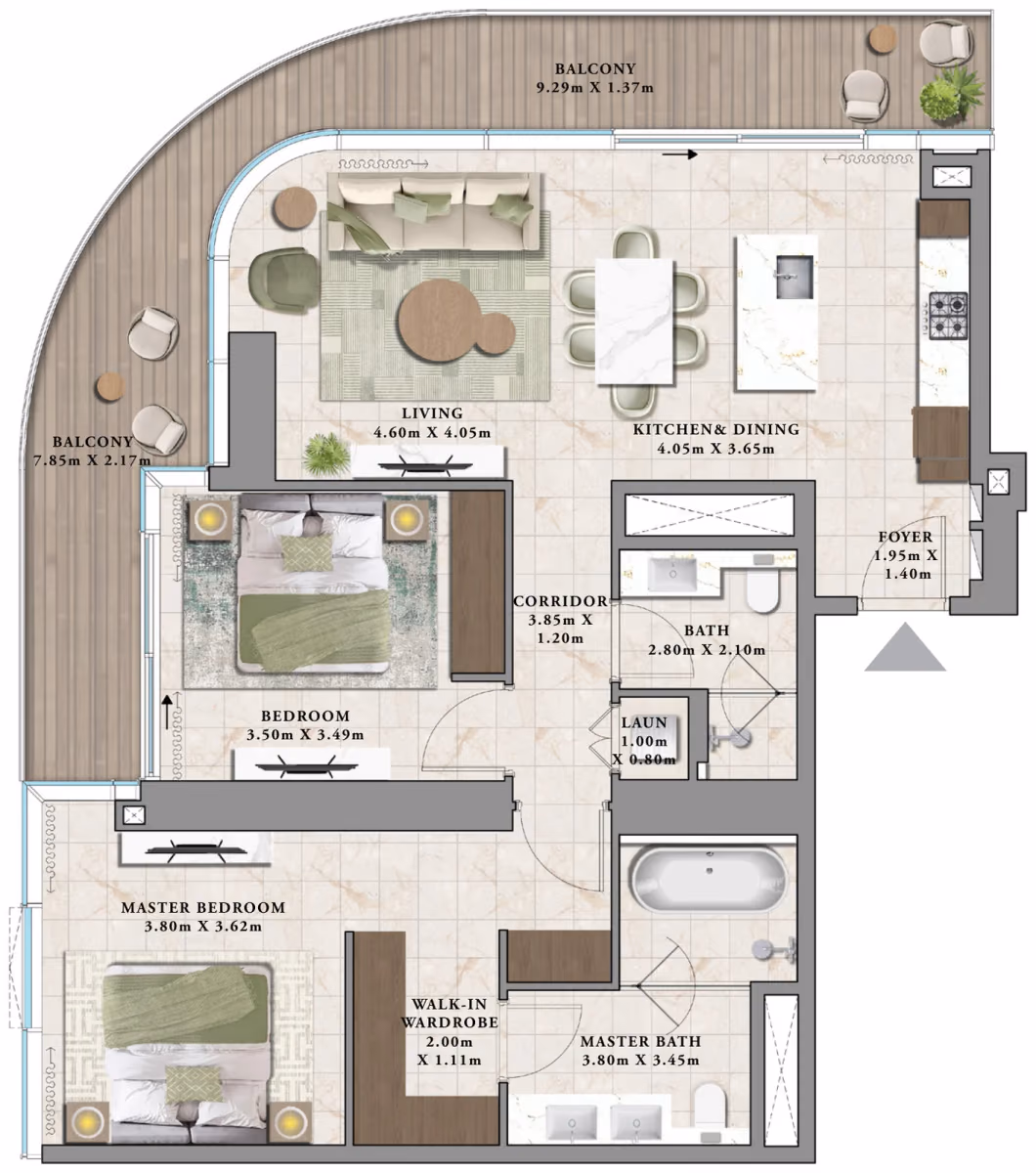 תוכנית 2 חדרי שינה · H ב־נדל"ן להשקעה Emaar Avarra by Palace, באזור Business Bay, דובאי