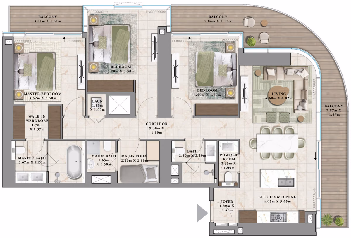 תוכנית 3 חדרי שינה · A1 ב־נדל"ן להשקעה Emaar Avarra by Palace, באזור Business Bay, דובאי