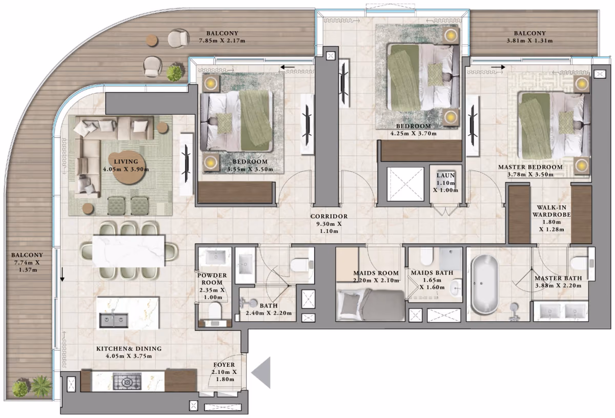תוכנית 3 חדרי שינה · A2 ב־נדל"ן להשקעה Emaar Avarra by Palace, באזור Business Bay, דובאי