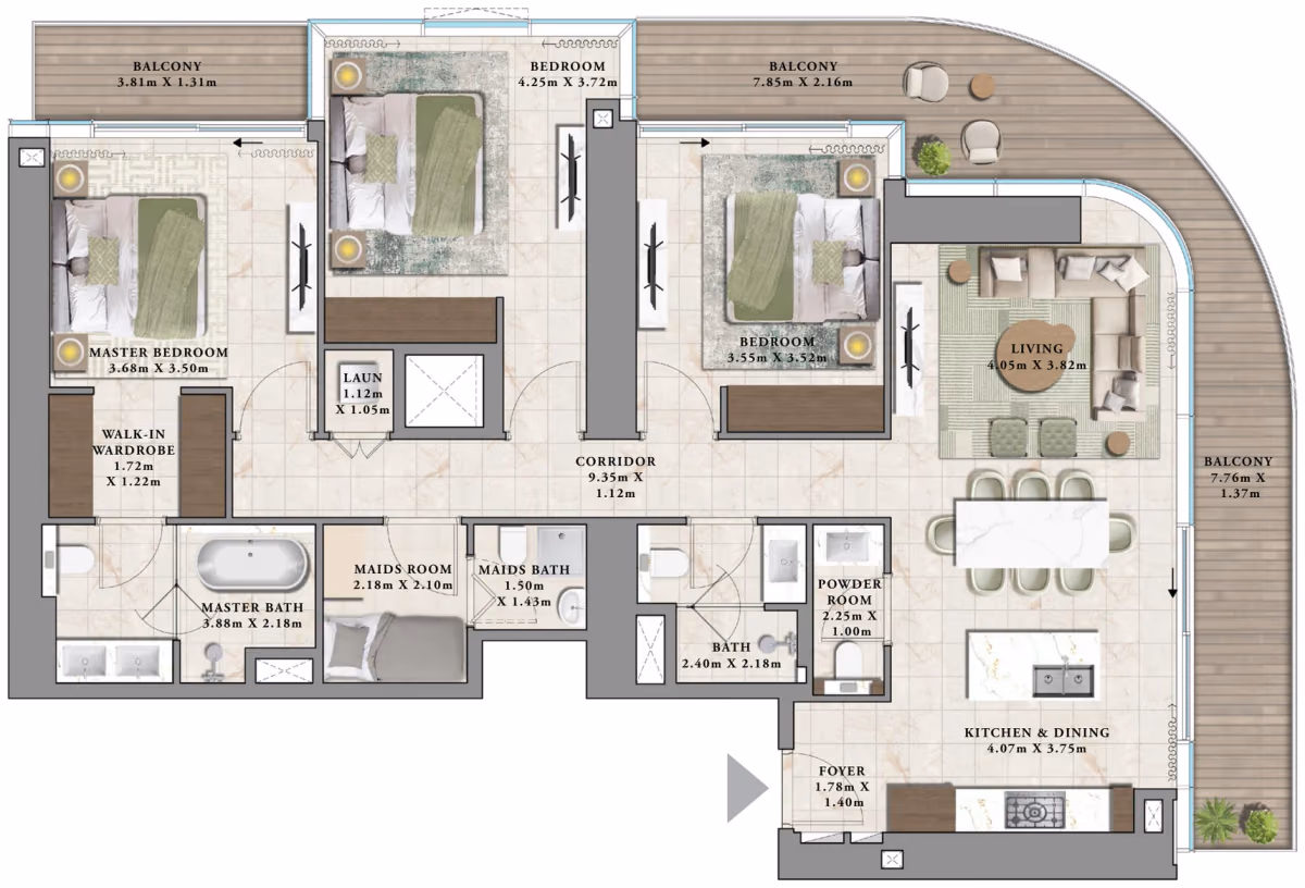 תוכנית 3 חדרי שינה · B1 ב־נדל"ן להשקעה Emaar Avarra by Palace, באזור Business Bay, דובאי