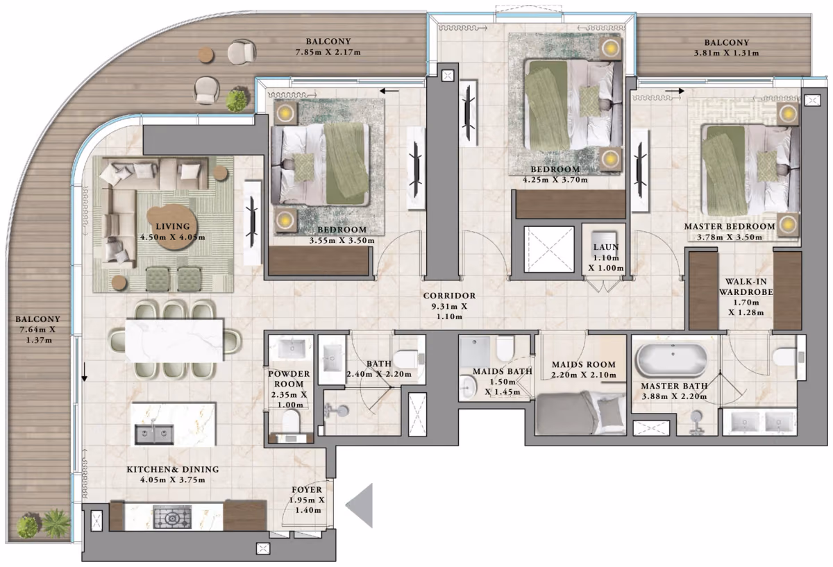 תוכנית 3 חדרי שינה · B2 ב־נדל"ן להשקעה Emaar Avarra by Palace, באזור Business Bay, דובאי