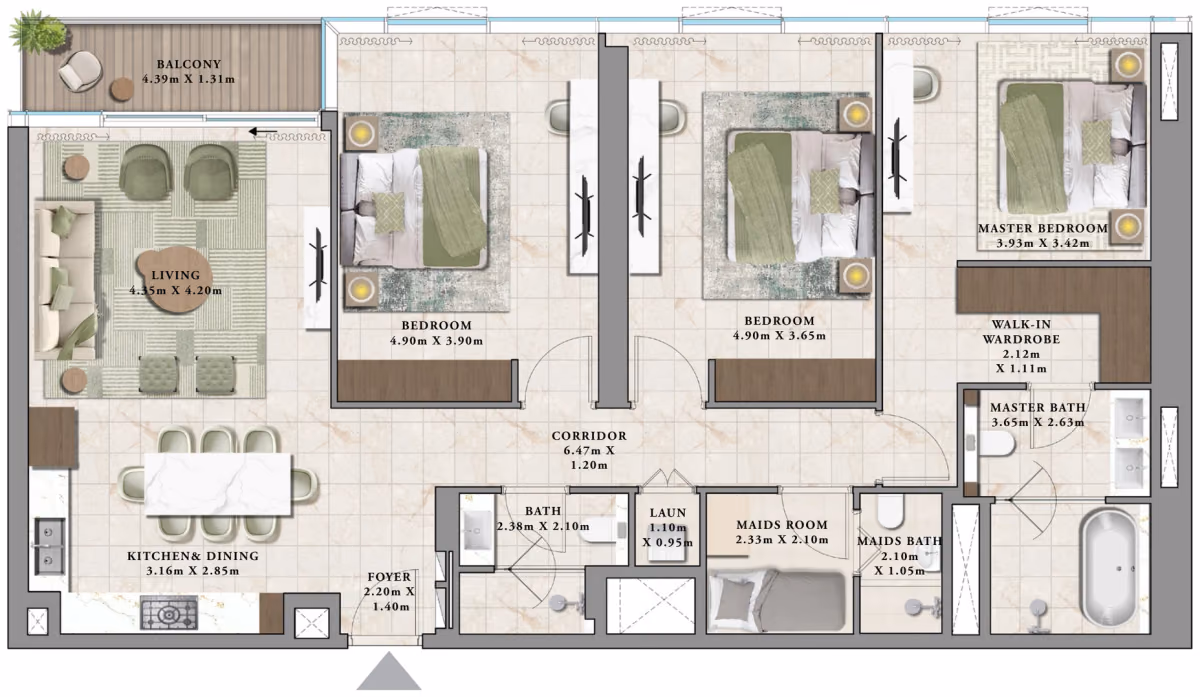 תוכנית 3 חדרי שינה · C ב־נדל"ן להשקעה Emaar Avarra by Palace, באזור Business Bay, דובאי