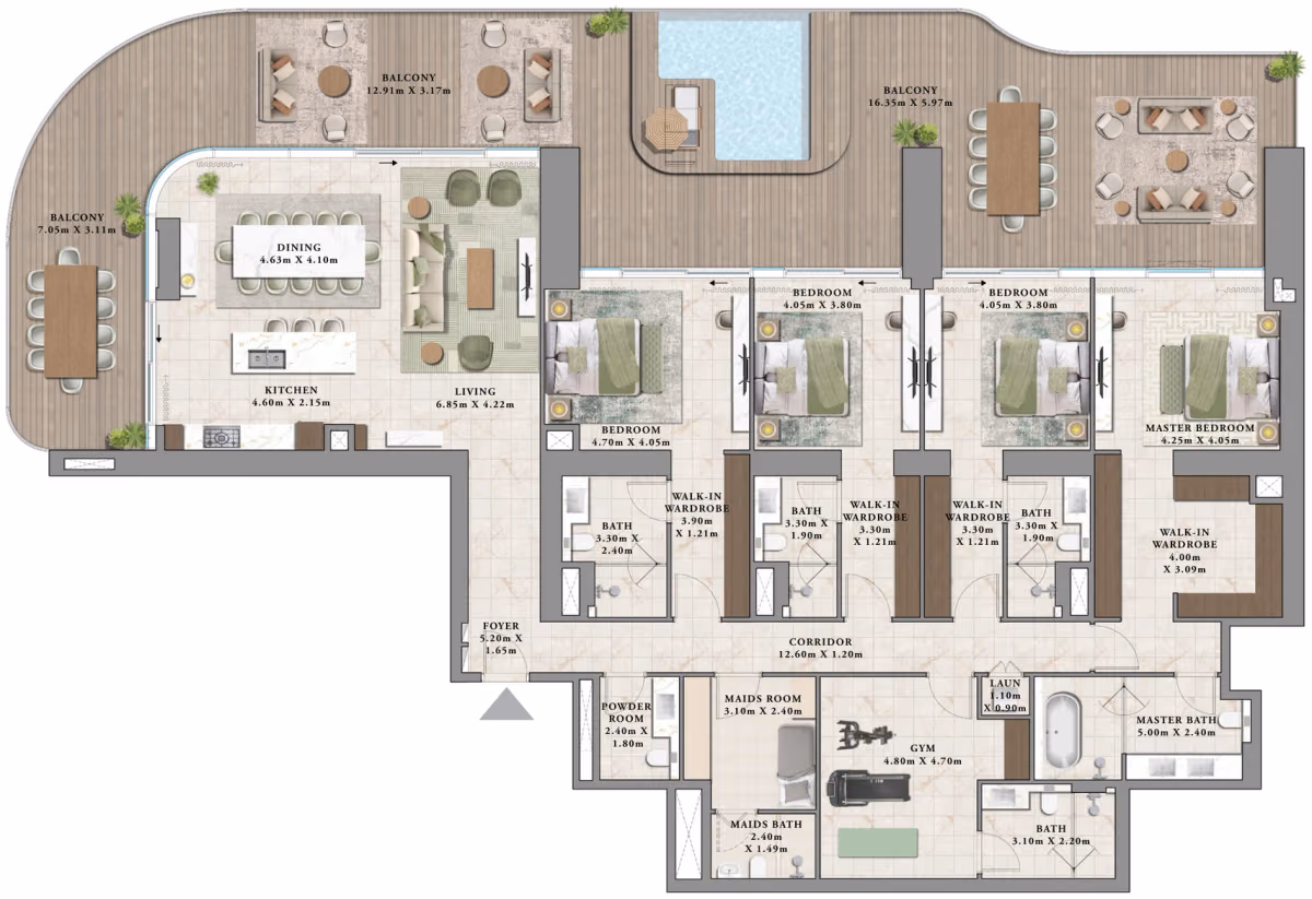 תוכנית 4 חדרי שינה · A1 ב־נדל"ן להשקעה Emaar Avarra by Palace, באזור Business Bay, דובאי
