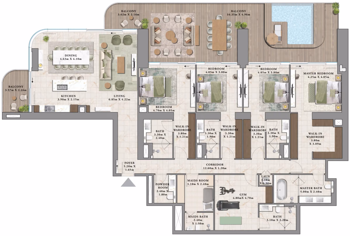 תוכנית 4 חדרי שינה · A2 ב־נדל"ן להשקעה Emaar Avarra by Palace, באזור Business Bay, דובאי