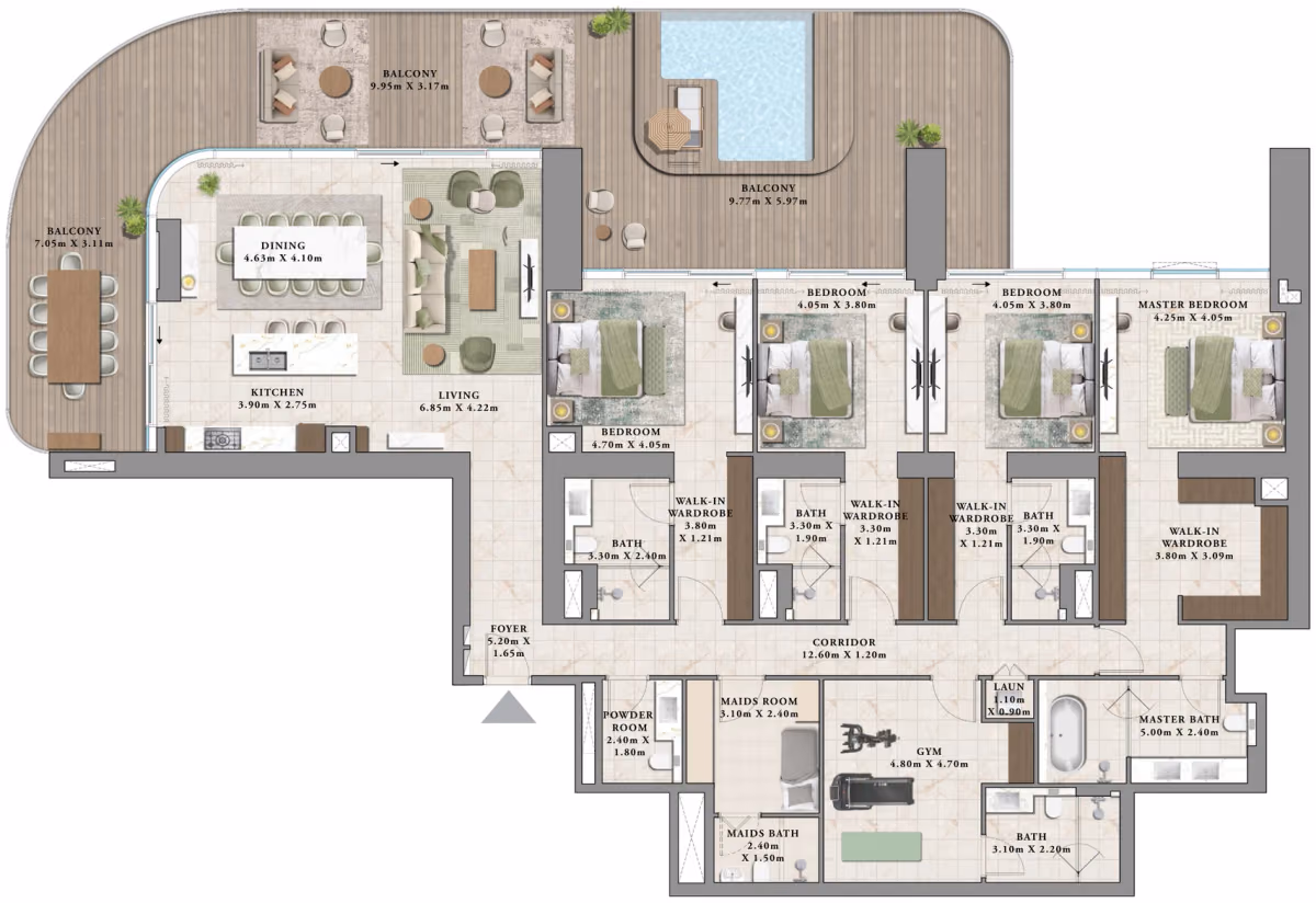 תוכנית 4 חדרי שינה · A3 ב־נדל"ן להשקעה Emaar Avarra by Palace, באזור Business Bay, דובאי