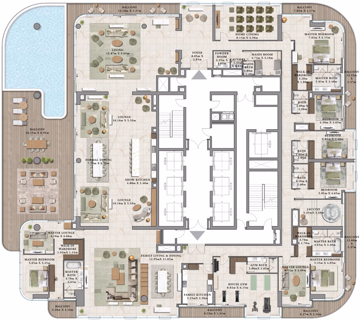 תוכנית 6 חדרי שינה · A ב־נדל"ן להשקעה Emaar Avarra by Palace, באזור Business Bay, דובאי