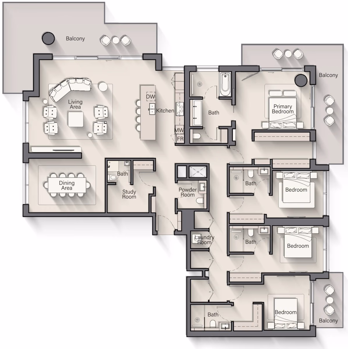 תוכנית 4 חדרי שינה · פנטהאוז · Penthouse Type A ב־נדל"ן להשקעה Ellington Playa Del Sol באזור Al Marjan Island, ראס אל ח'ימה